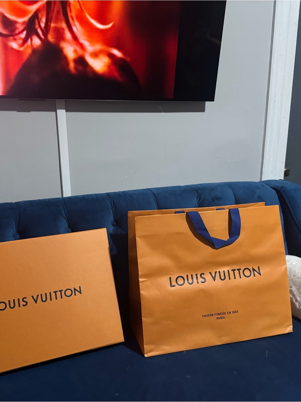 Louis Vuitton Orange Gift Bag with Blue Handles